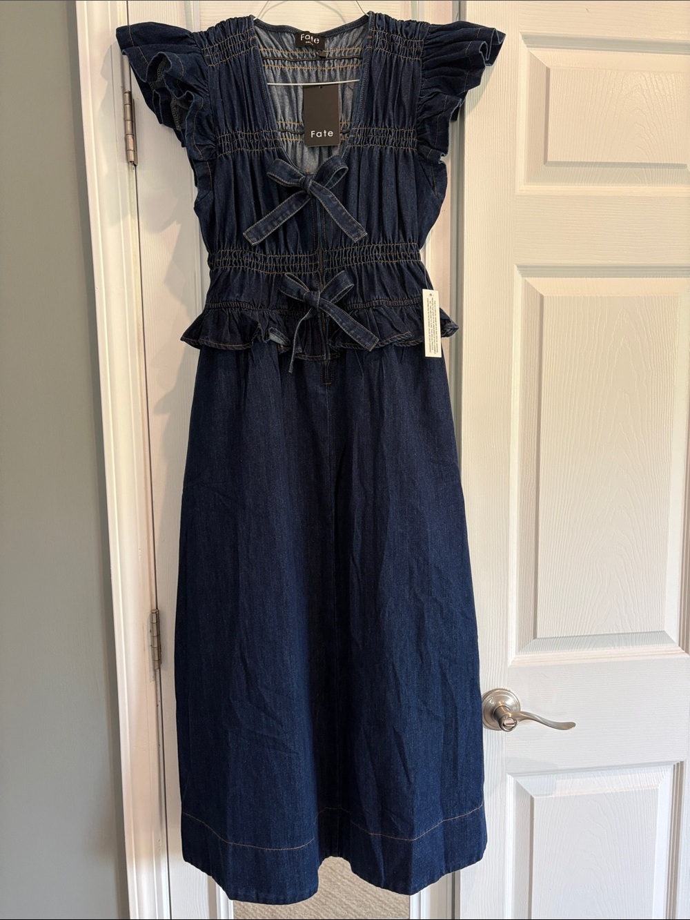 Fate NWT Dark Blue Denim Midi Dress with Smocked Bodice and Bows